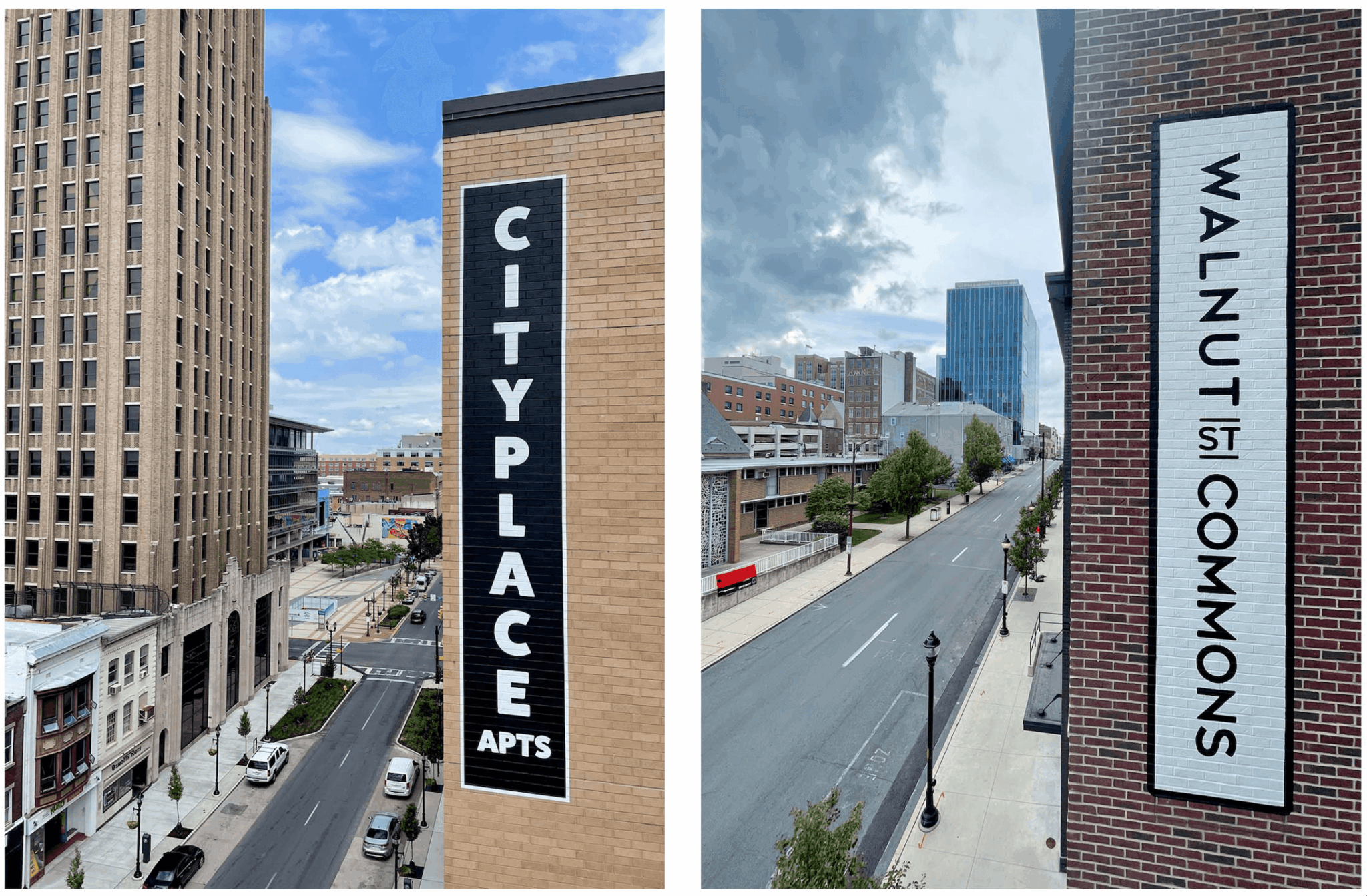 Two brick buildings with vertical signs, one reading 'CITYPLACE APARTMENTS' and the other 'WALMART IS COMMONS', in an urban area.