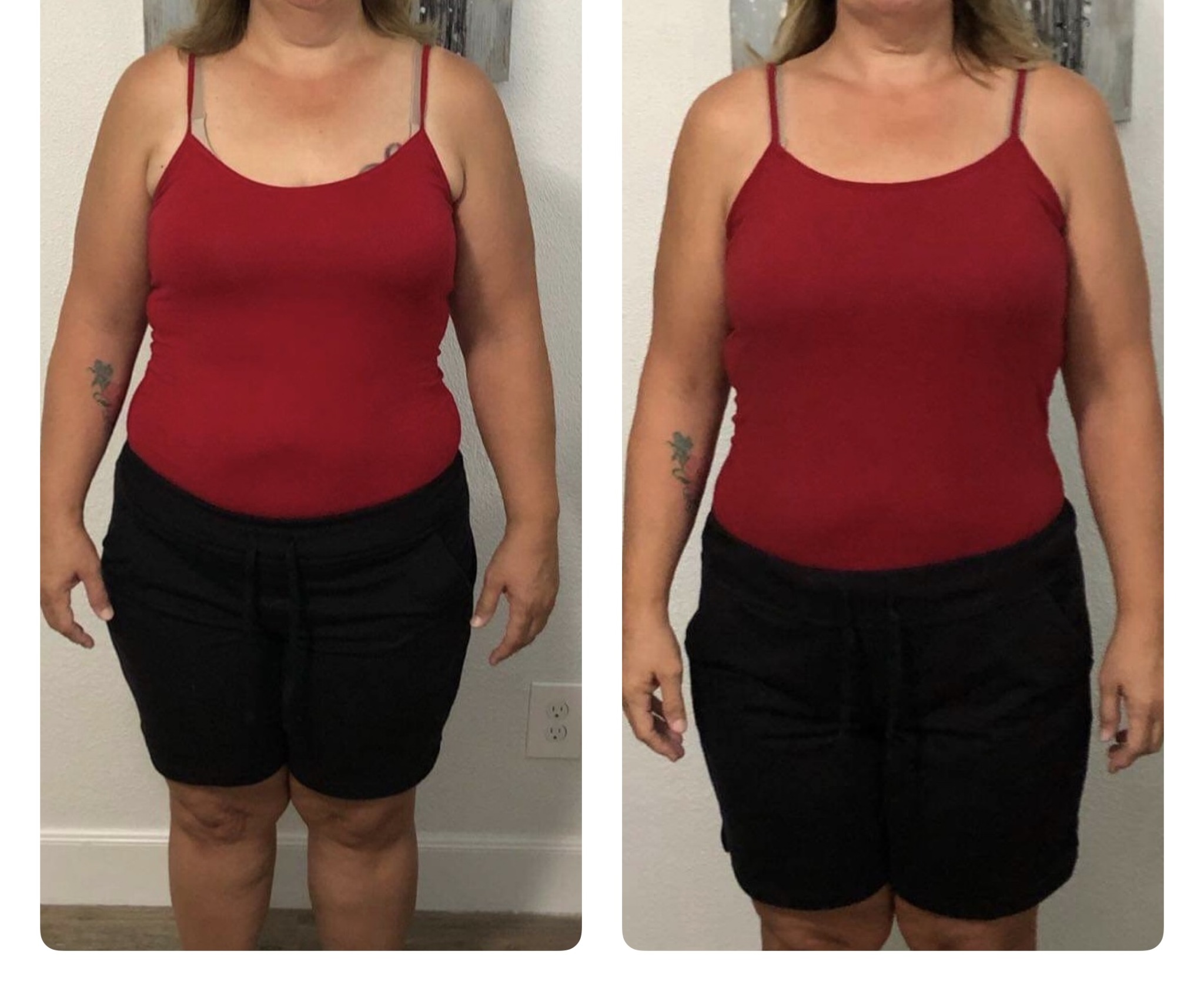 Person wearing a red tank top and black shorts, standing indoors, front view, arms relaxed at sides.