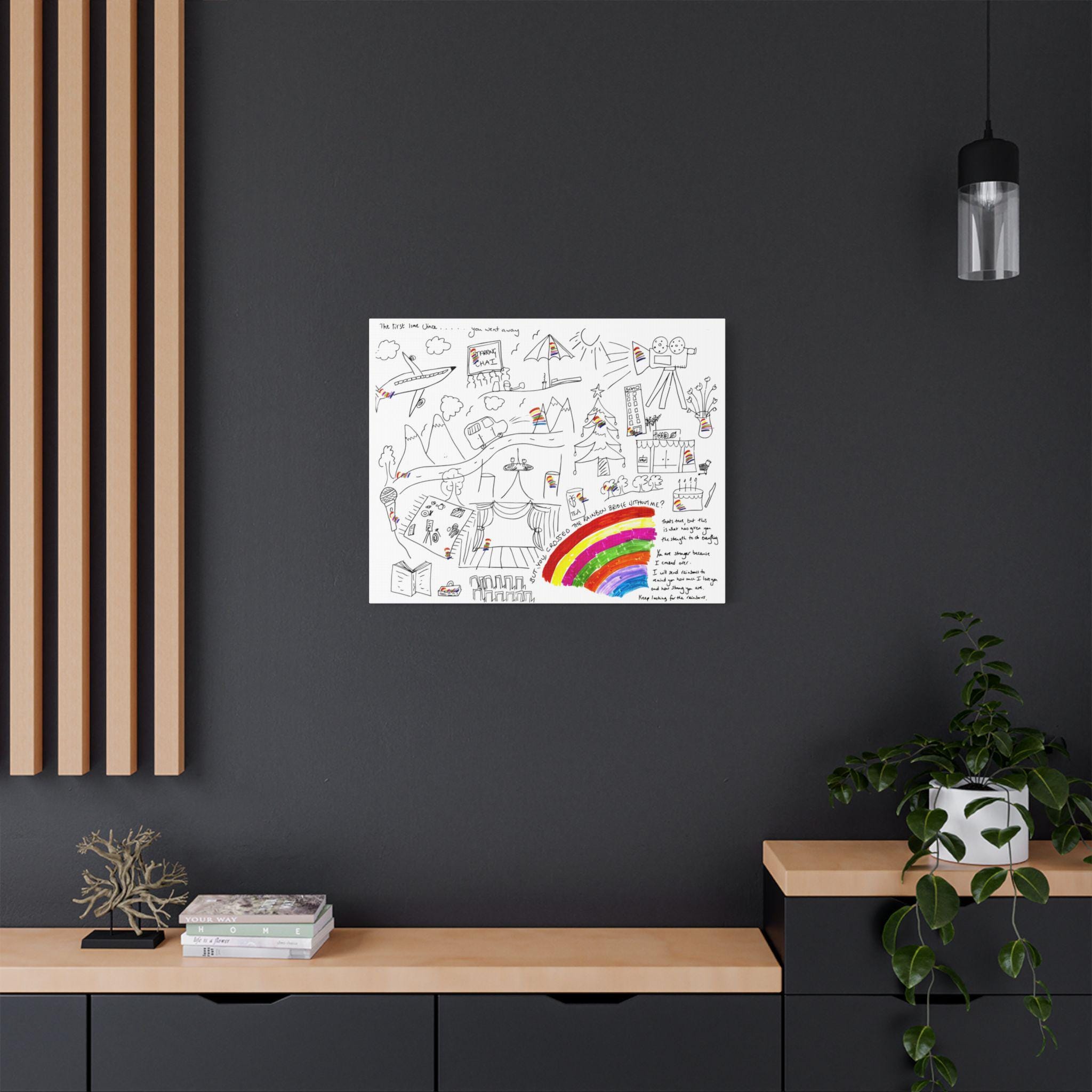 Wall with framed drawing, wooden shelf with books and plant, hanging light fixture, and a potted plant.