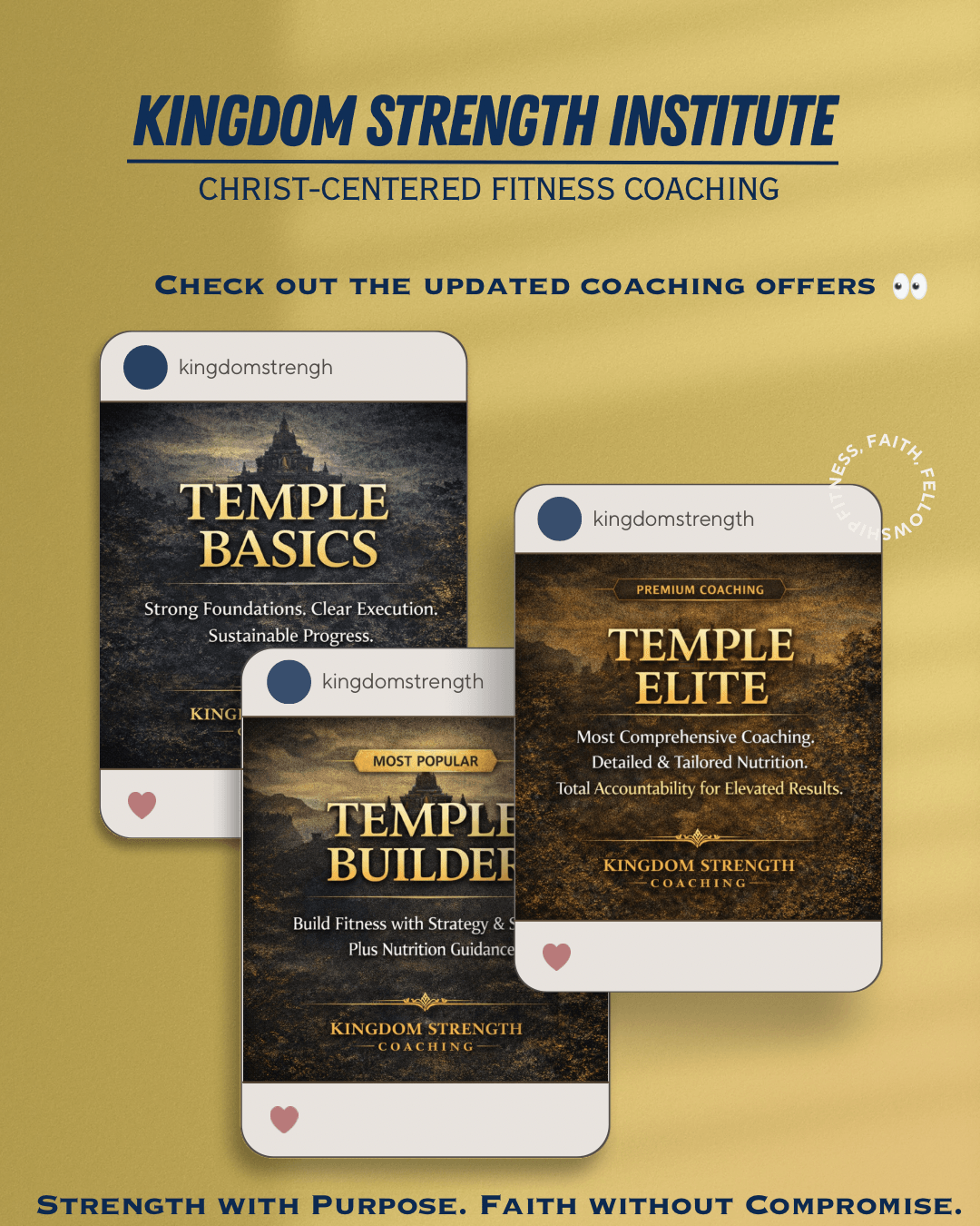 Three overlapping smartphone screens display coaching offers from Kingdom Strength Institute, with gold and black backgrounds and text.