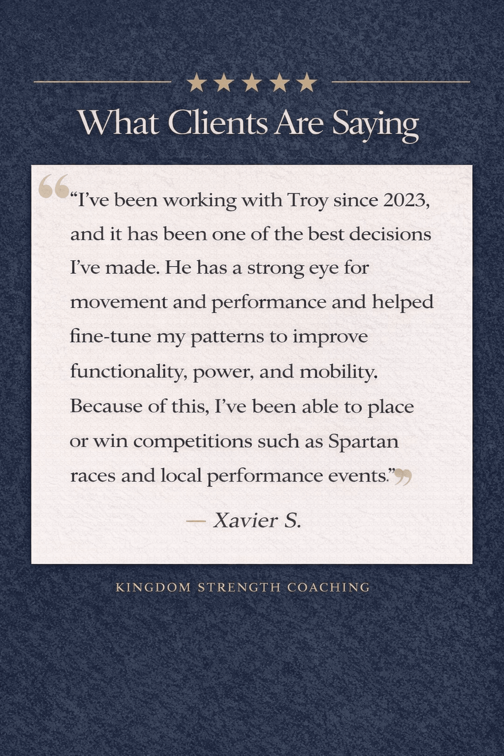 Testimonial quote about client success and coaching, with a dark blue background and gold stars at the top.