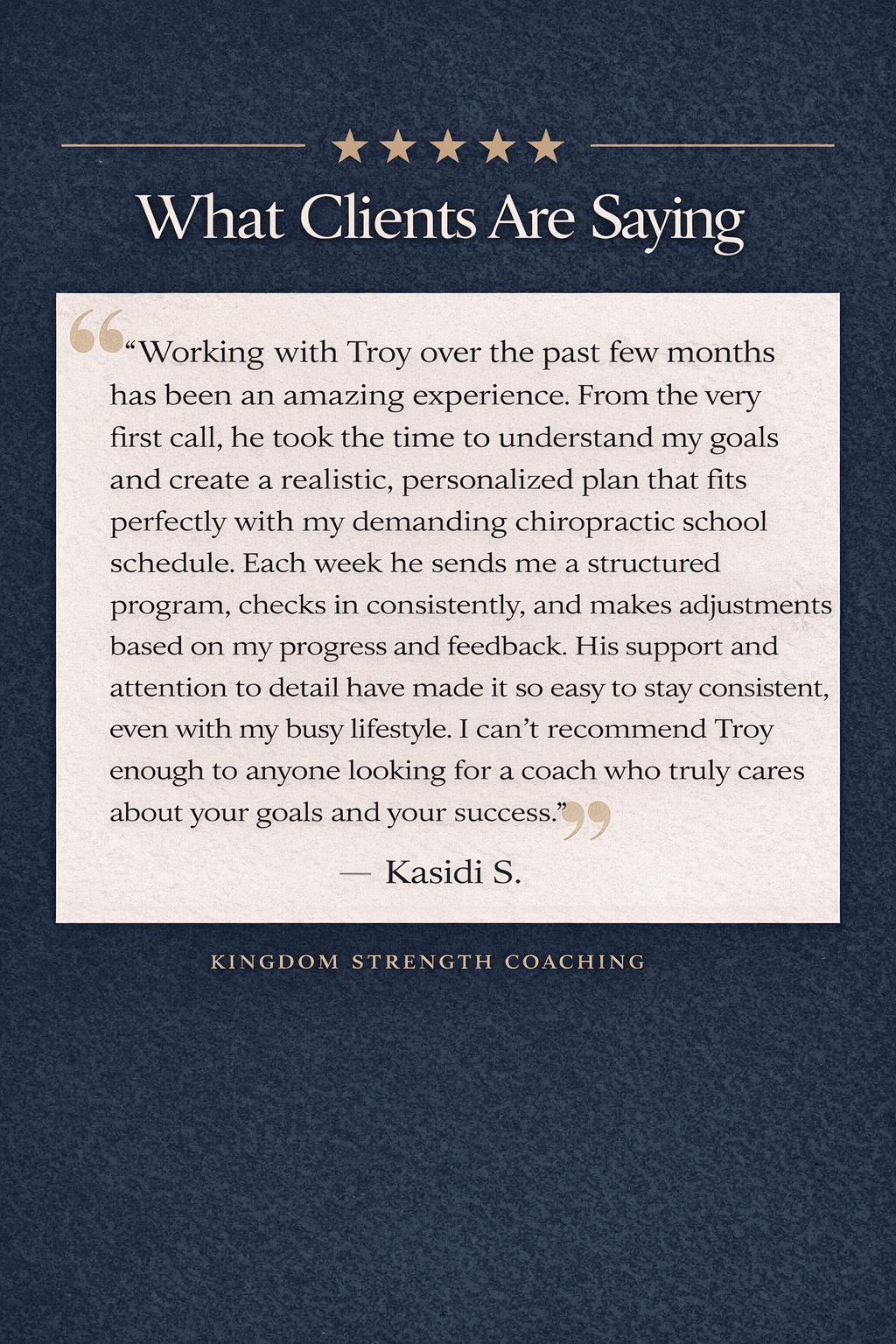 Quote about client feedback and coaching from Kasidi S., with a dark background and gold stars at the top.