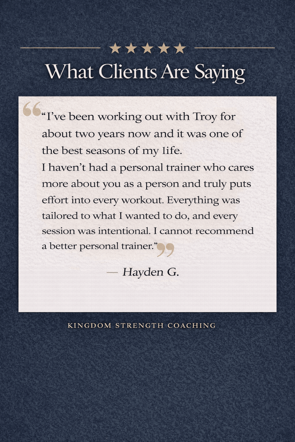 Client testimonial about personal training experience with positive feedback and recommendation.