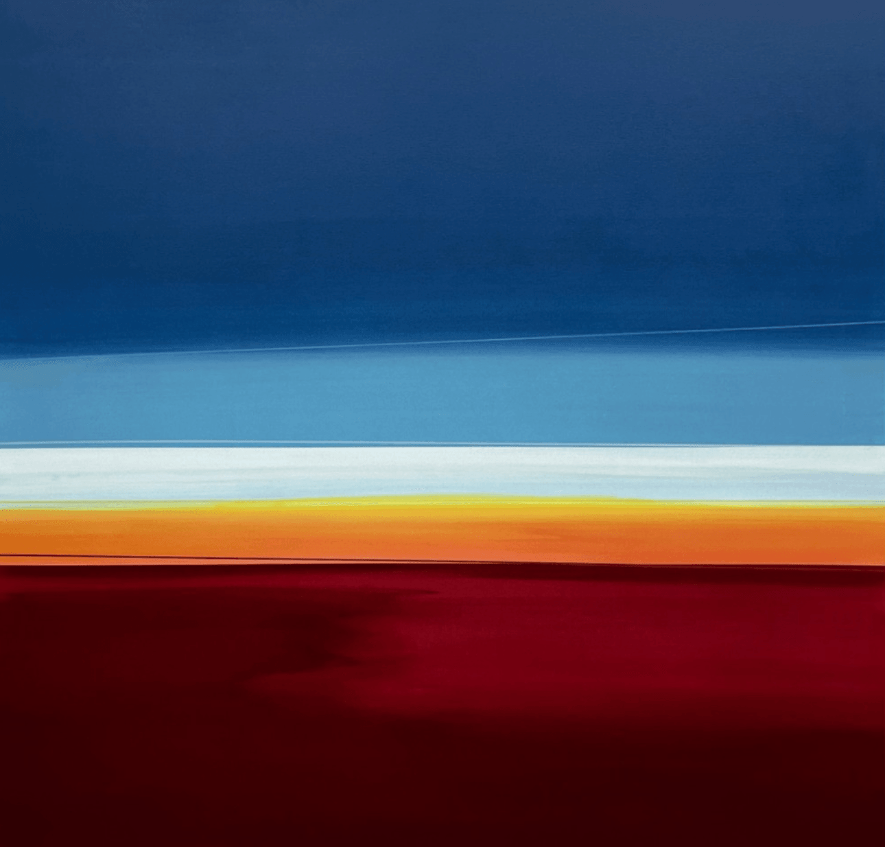 Abstract landscape with horizontal bands of blue, white, yellow, orange, and red colors.
