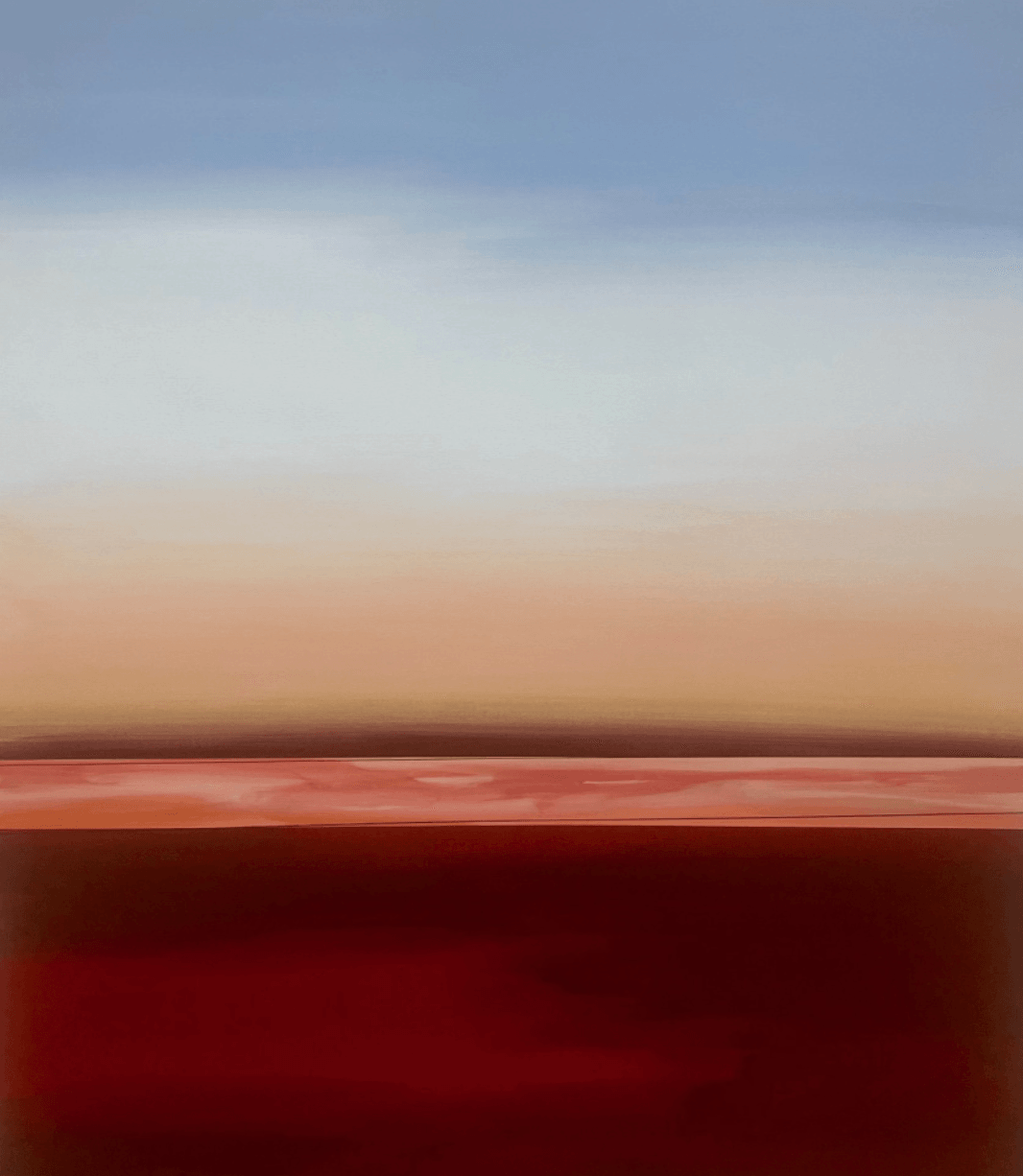 Abstract landscape with gradient sky and horizontal bands of color, including blue, white, orange, and red.