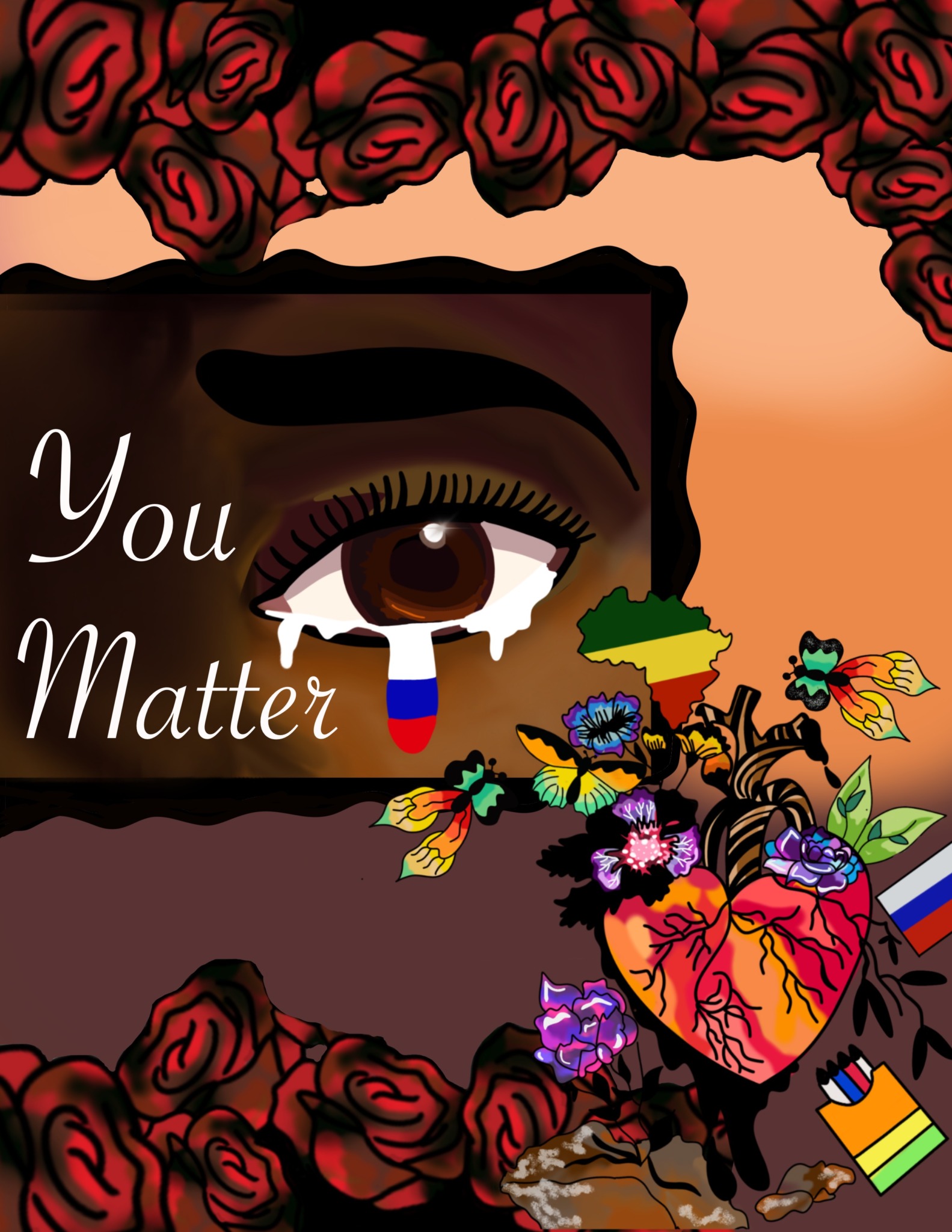 Close-up of a person's eye with a tear, surrounded by roses and colorful flowers, with the words 'You Matter'.