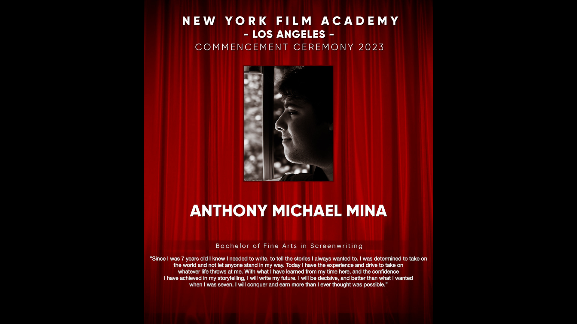 Black and white profile of a person with a red curtain background, text about New York Film Academy ceremony.