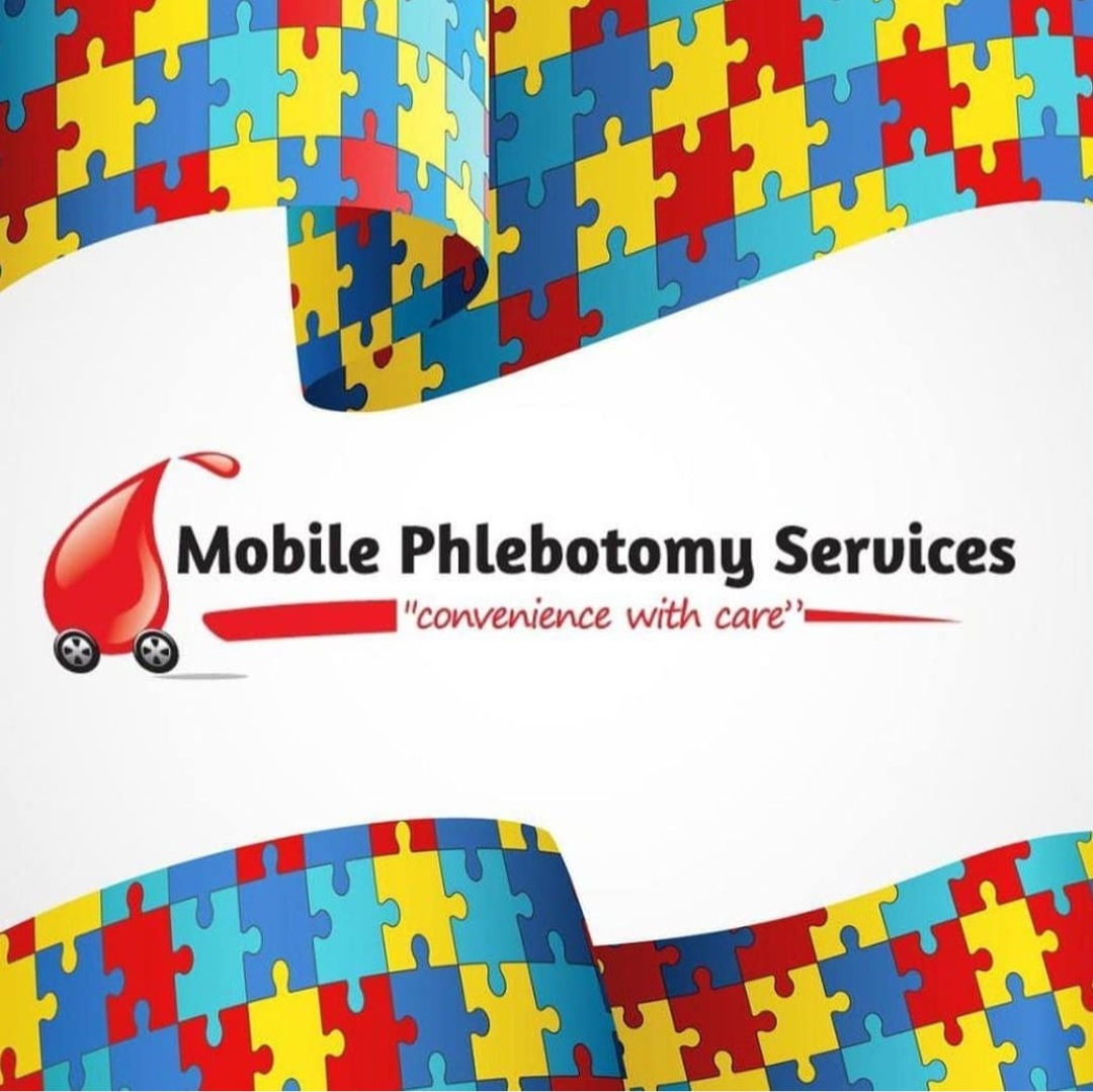 Logo with colorful puzzle pieces, a red drop, and text for Mobile Phlebotomy Services, including a slogan.