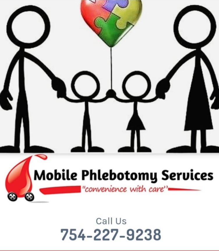 Stick figures holding hands with a heart-shaped puzzle balloon above them, and text about mobile phlebotomy services and contact number.
