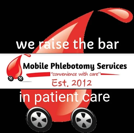 Logo with a red and white stylized baby stroller, text about mobile phlebotomy services, established in 2012.