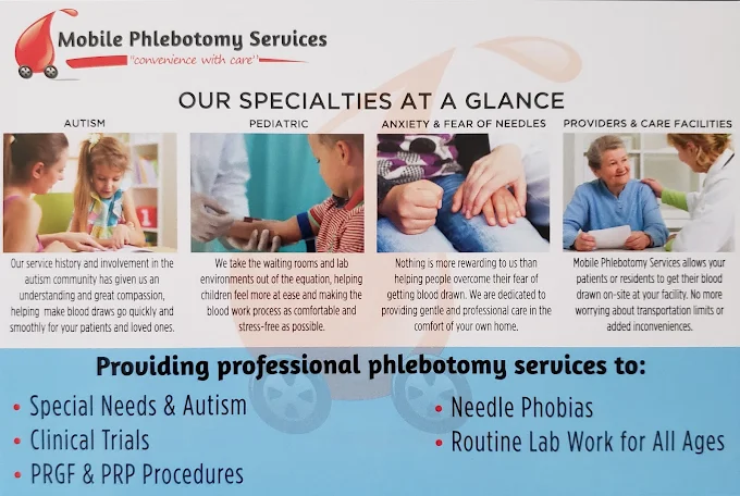 Information about phlebotomy services, specialties, and procedures with images of children, adults, and medical staff.
