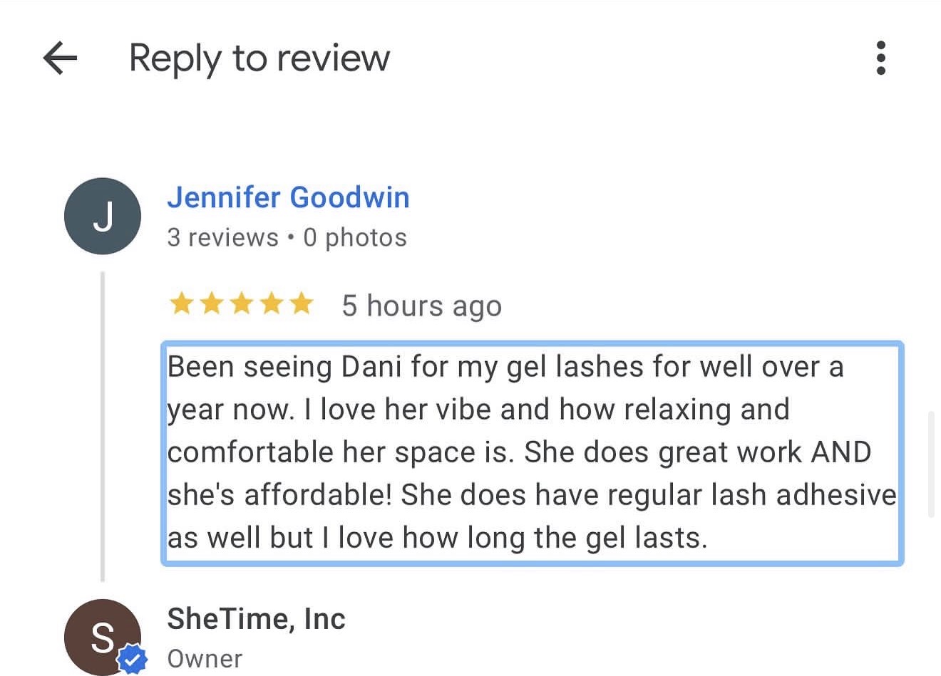 Review comment about gel lash experience and satisfaction with service and affordability.