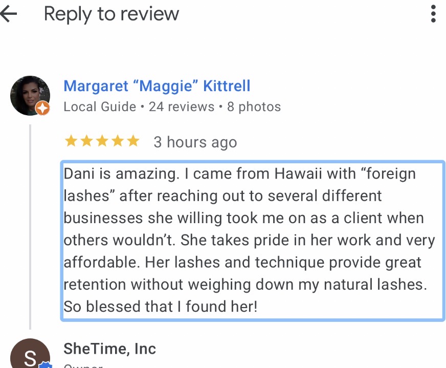 Review praising Dani's work, mentioning her lashes, technique, affordability, and positive impact on the reviewer.