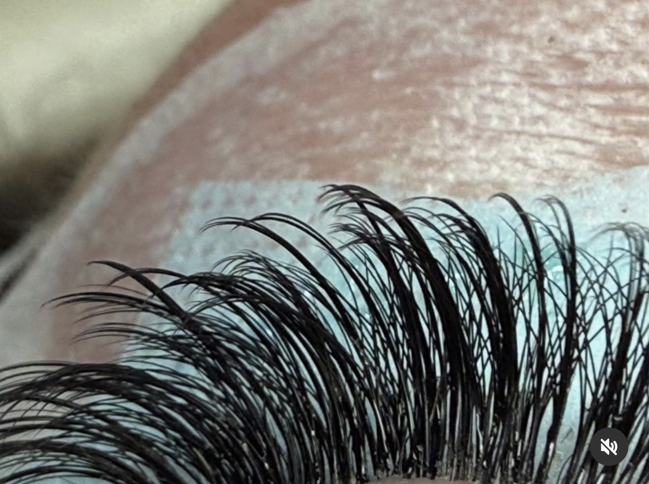 Close-up of eyelash extensions on eyelid with visible skin texture.