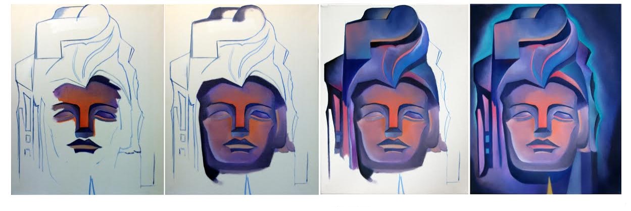 Four stylized portraits of a person's face with different color filters and artistic effects.