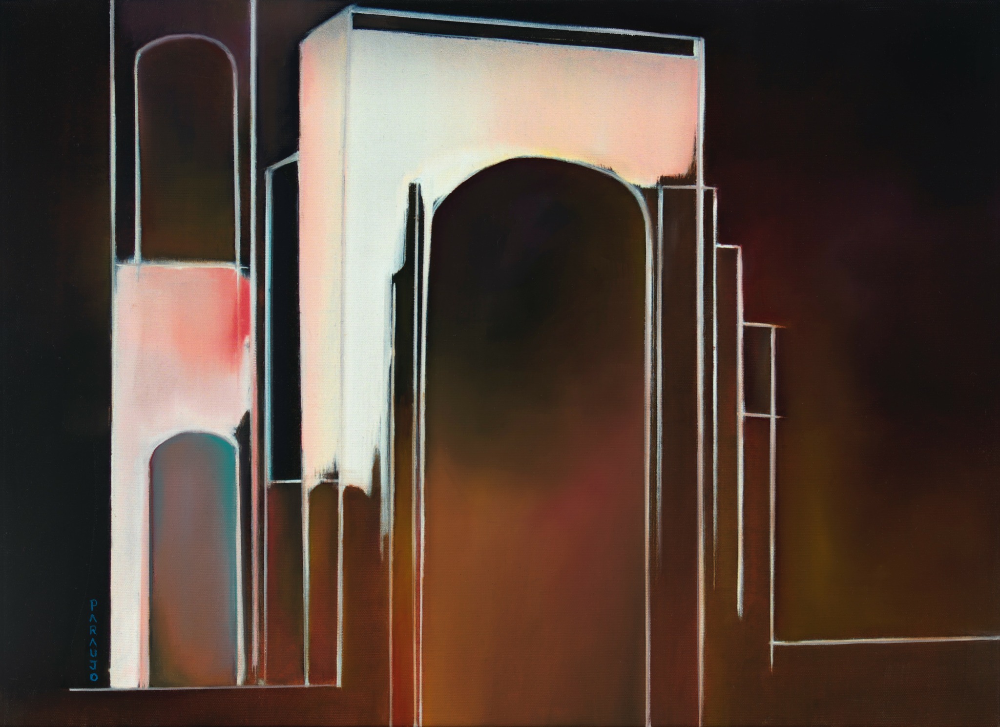 Abstract cityscape with tall, rectangular buildings against a dark background, featuring glowing outlines and a central archway.