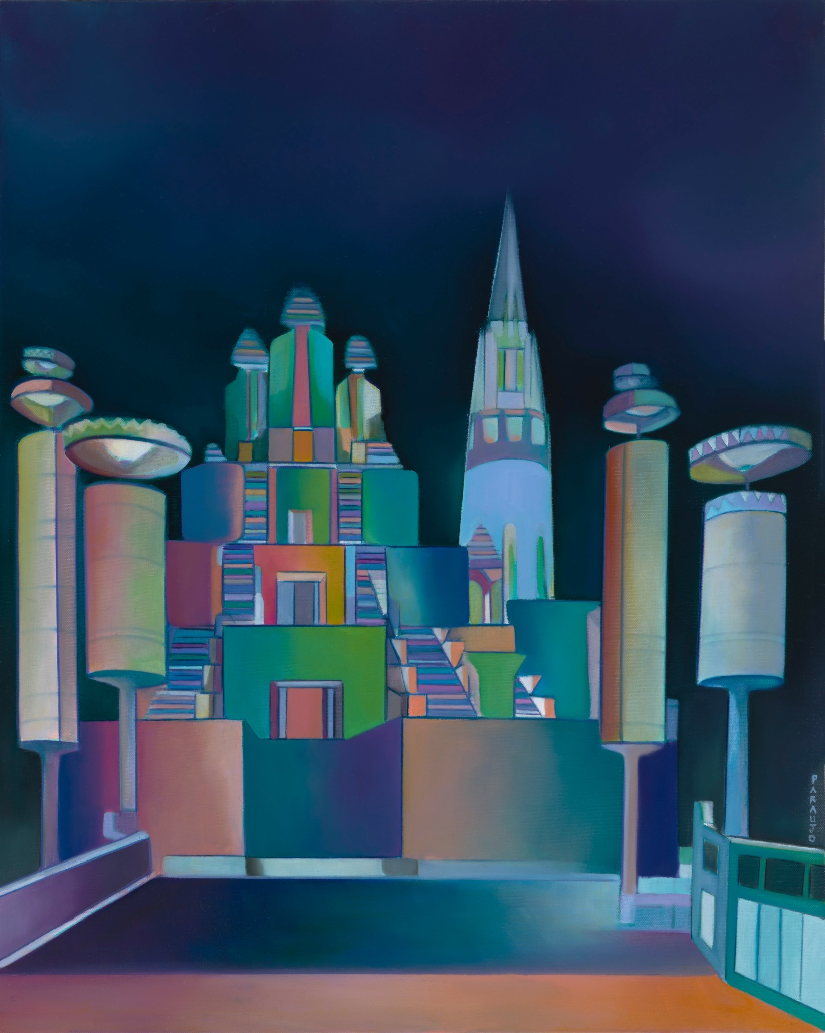 Colorful stylized cityscape with tall buildings and a spire against a dark sky.
