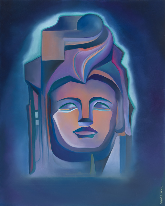 Abstract face with stylized features and flowing shapes, glowing with blue and purple hues against a dark background.
