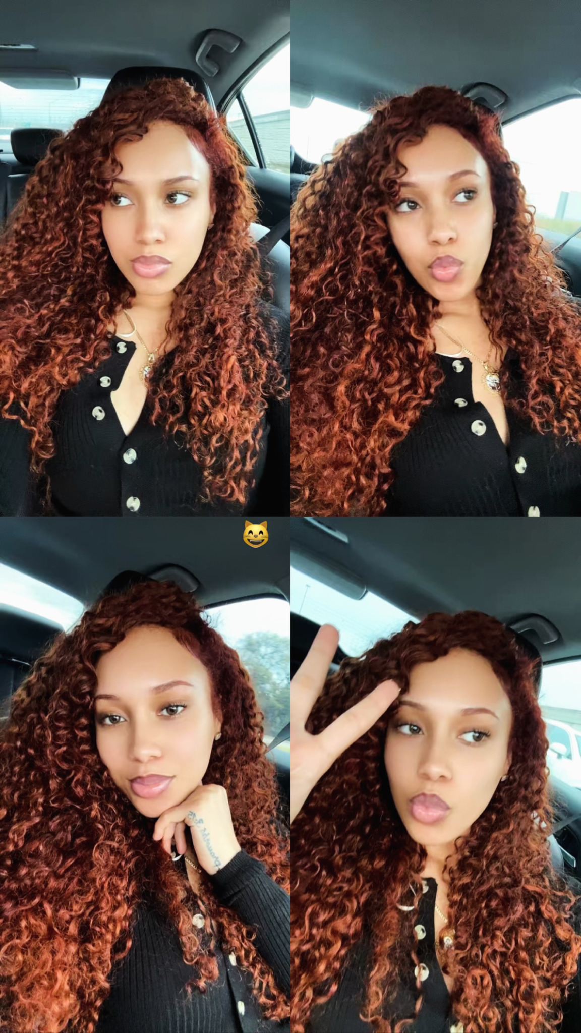Young woman with curly hair in a car, making different facial expressions and gestures.