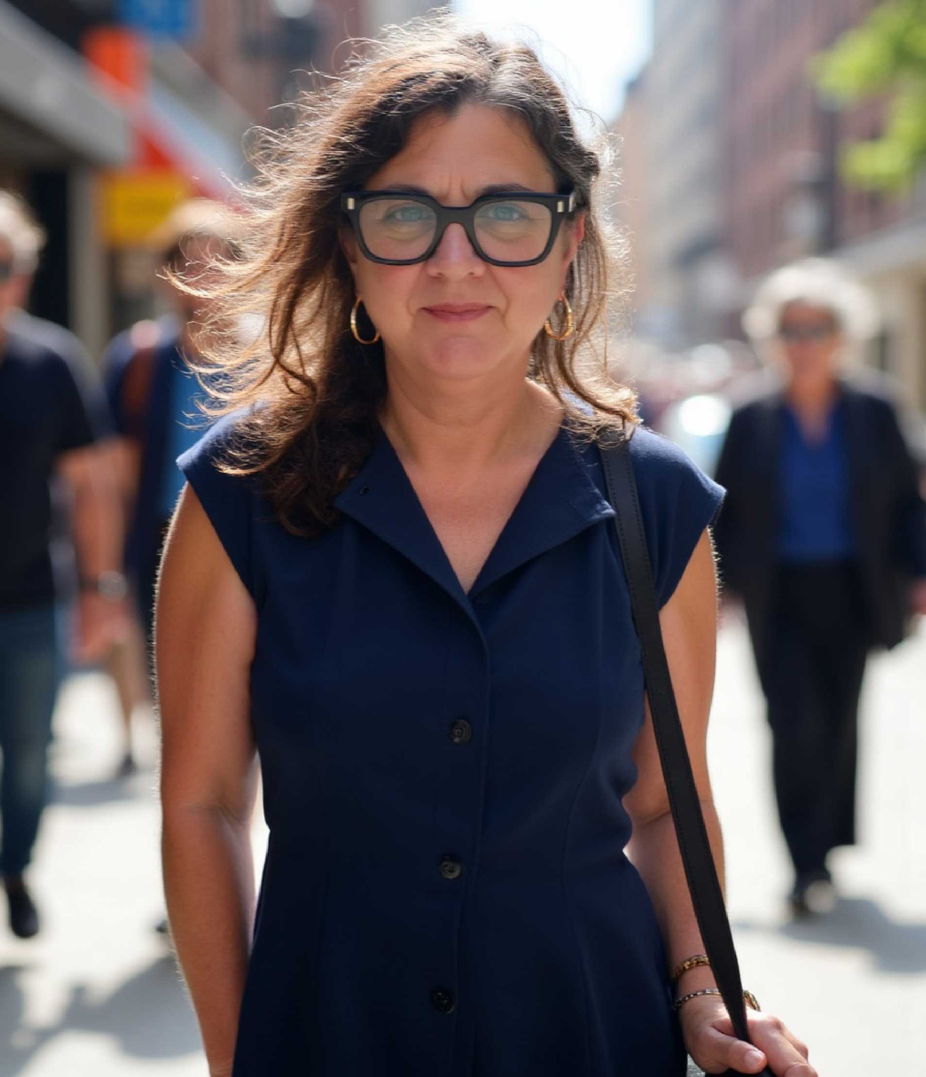 Woman with glasses and wavy hair walking on city street wearing a navy sleeveless dress.