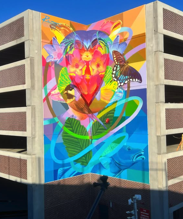Colorful mural with a lion's face, butterflies, a bird, and abstract shapes on a building wall.