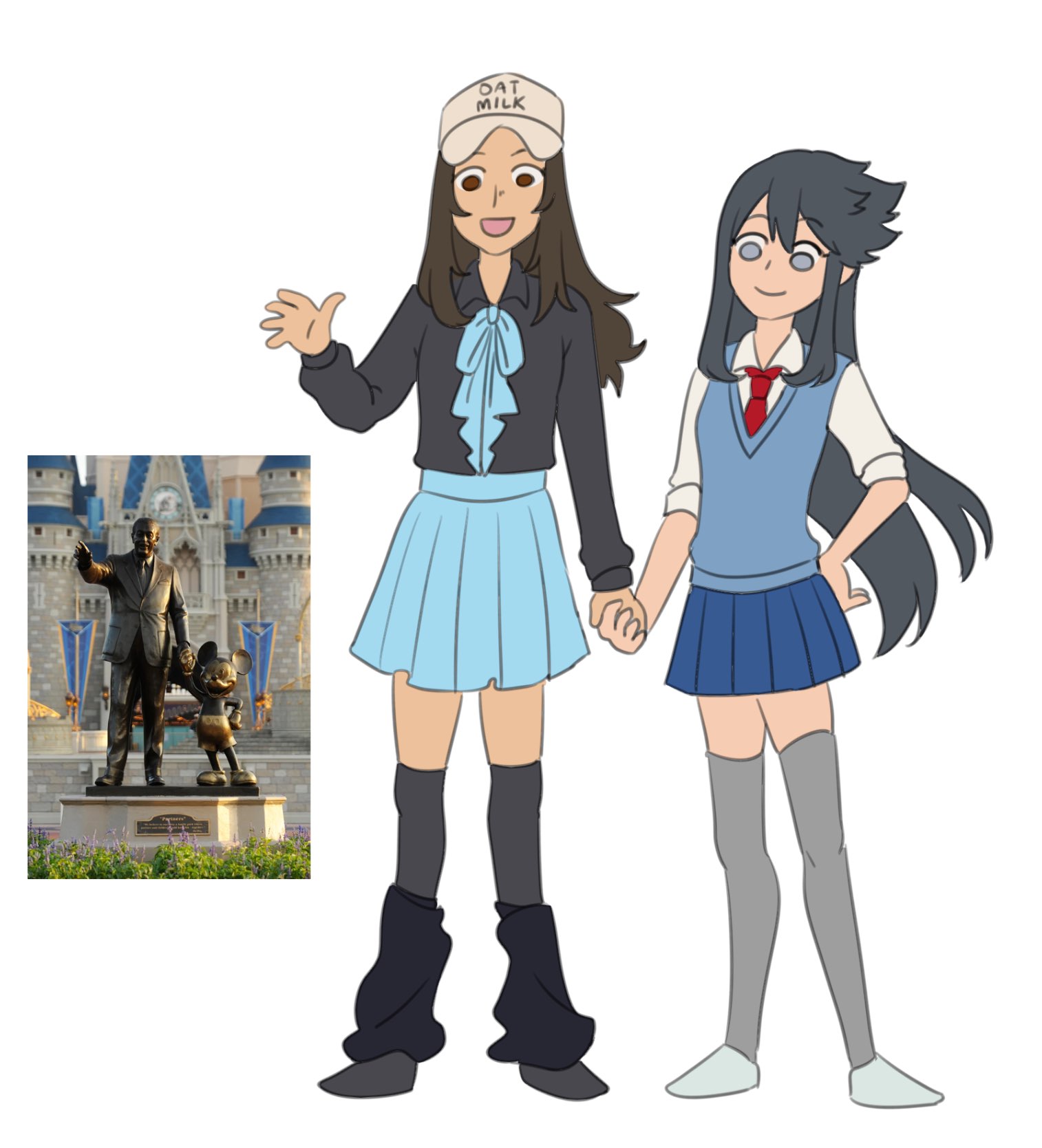 Two animated girls holding hands, one wearing a hat and the other in a school uniform, with a statue in the background.