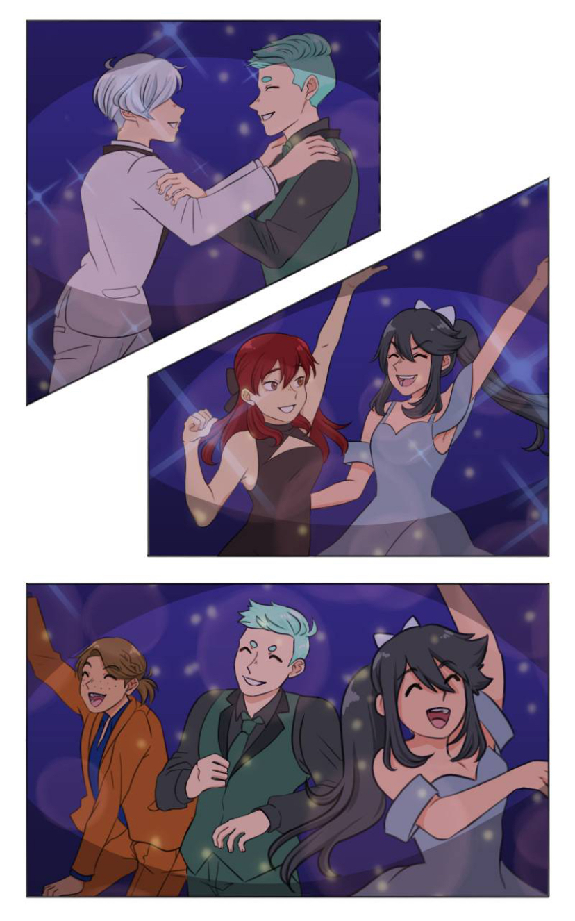 Three separate scenes with animated characters: two characters embracing, two characters dancing, and three characters taking a selfie.