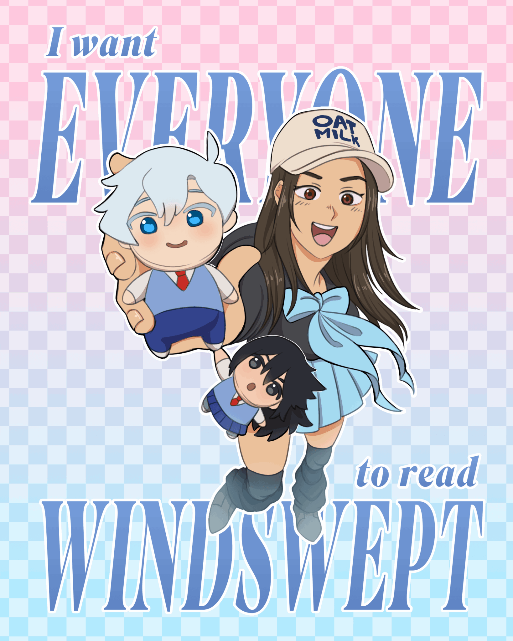 Two animated characters, one with white hair and blue eyes, and the other with brown hair, in front of a pink and purple checkered background with text.