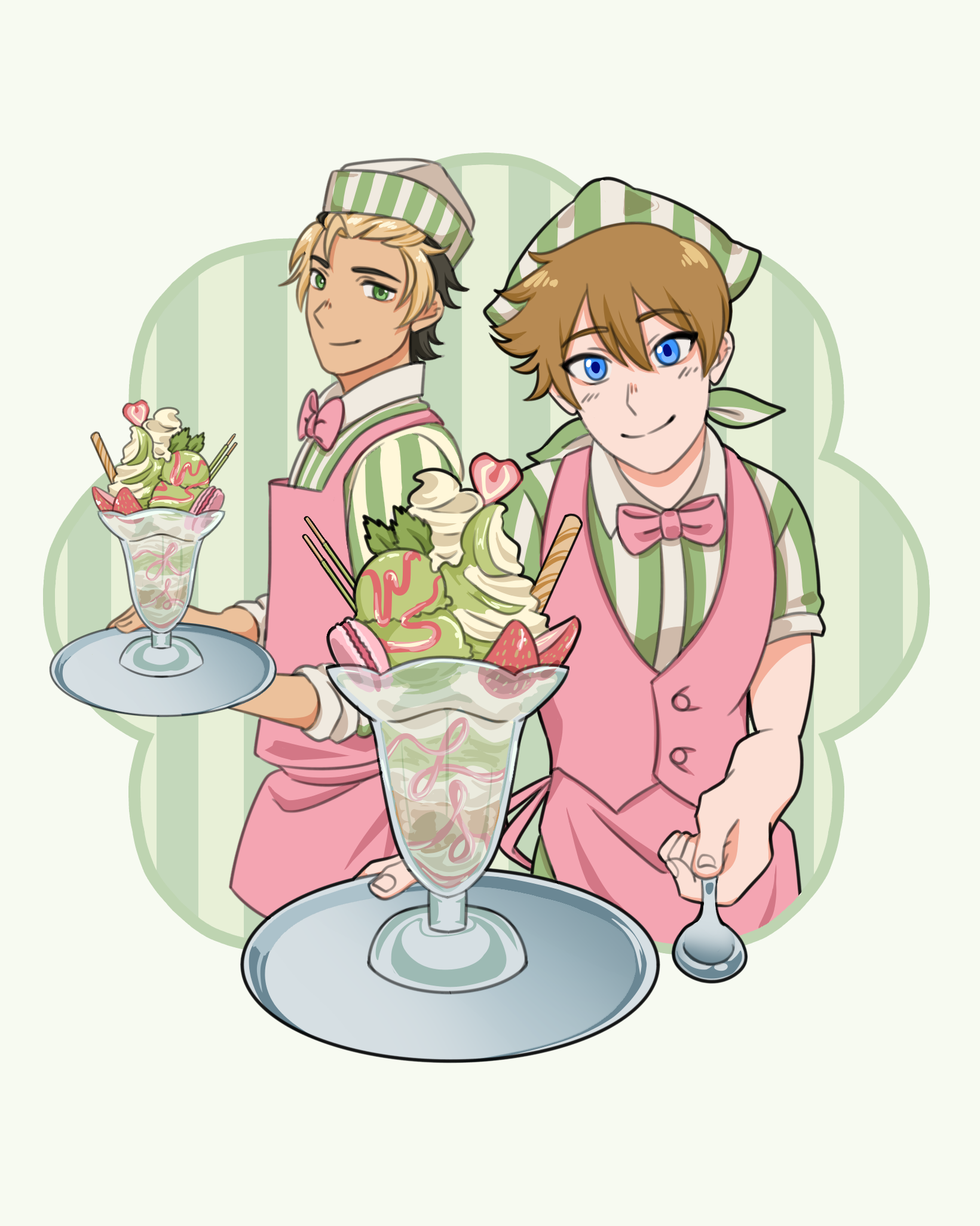 Two young men in pastel uniforms serve ice cream sundaes with whipped cream and toppings, smiling at the viewer.