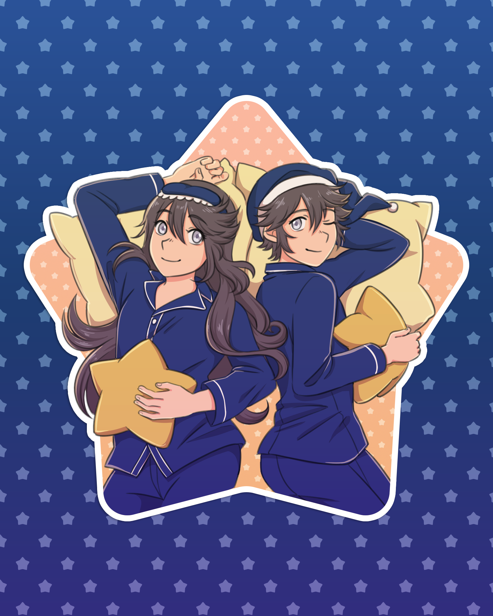 Two animated characters in navy outfits holding star-shaped objects, standing against a starry blue background with a pink star shape behind them.