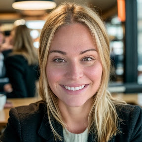 Young woman with blonde hair smiling at camera, indoor setting with blurred background.