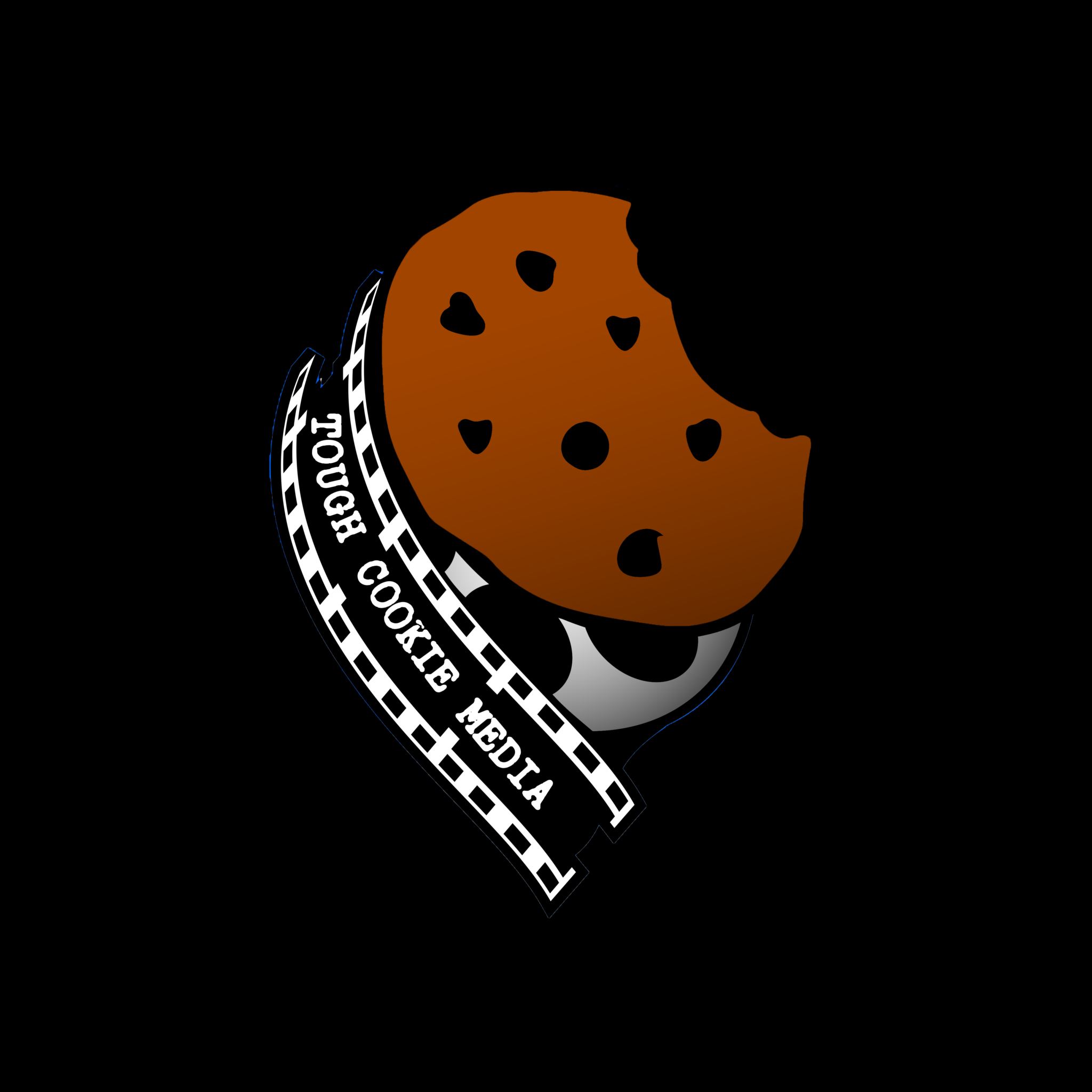 A partially eaten chocolate chip cookie with film reel and text elements on a black background.