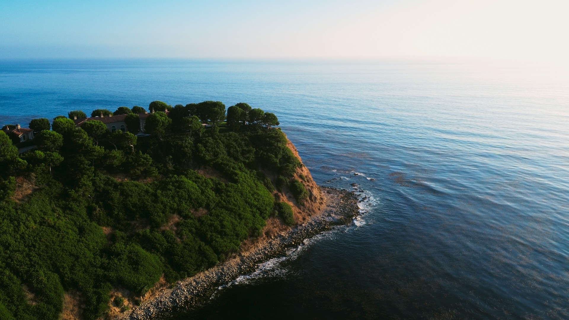 Coastal landscape with green trees on a cliff overlooking the ocean under a clear sky.