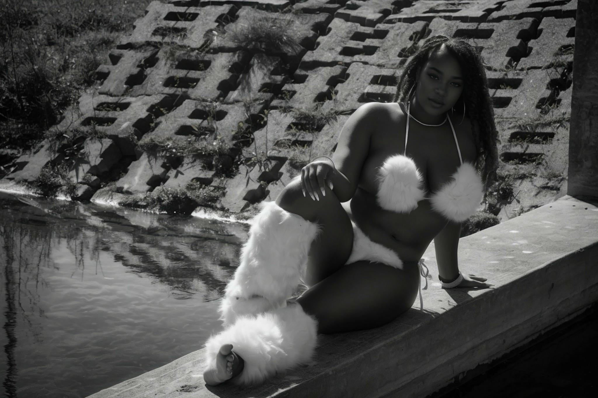 Woman sitting on a ledge near water, holding fluffy white objects, with a textured wall behind her.