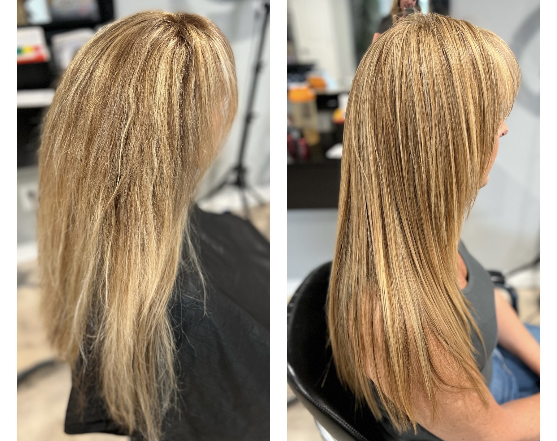 Side-by-side images of a woman’s hair before and after styling, showing improved smoothness and shine.