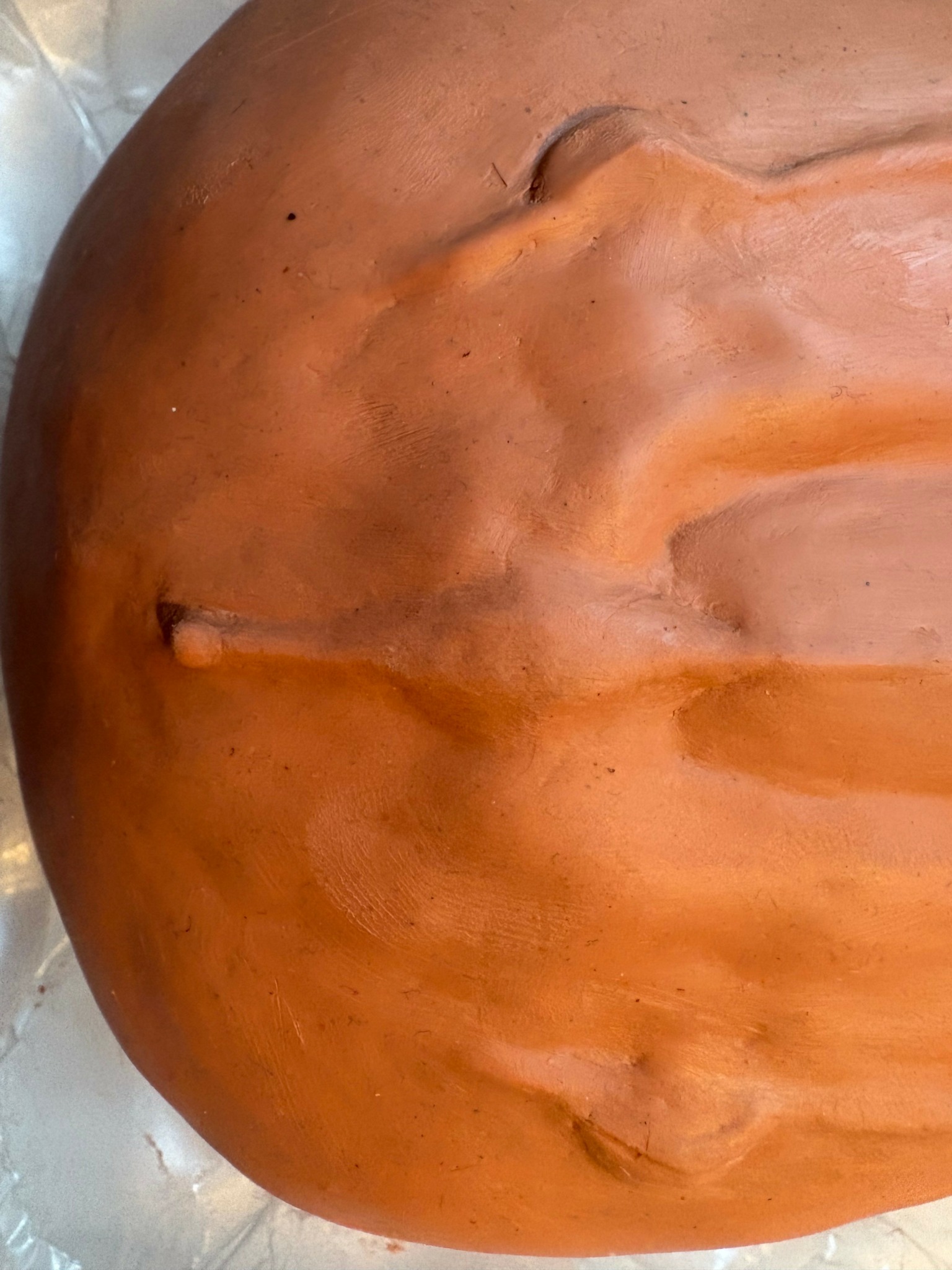 Close-up of a pumpkin with smooth, orange skin and vertical ridges.