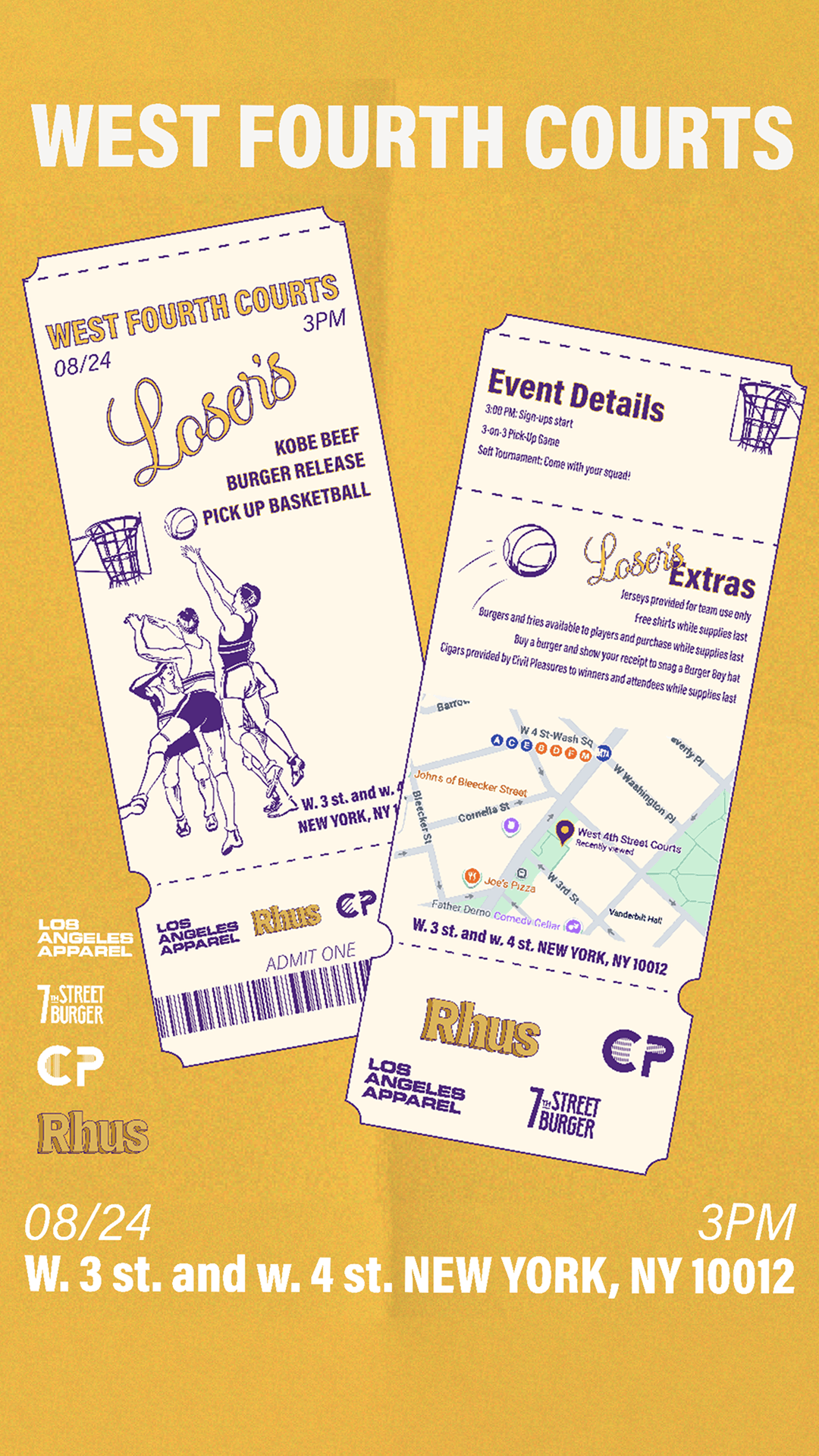 Event tickets for West Fourth Courts basketball game, date August 24, 3 PM, location New York, NY, 10012.