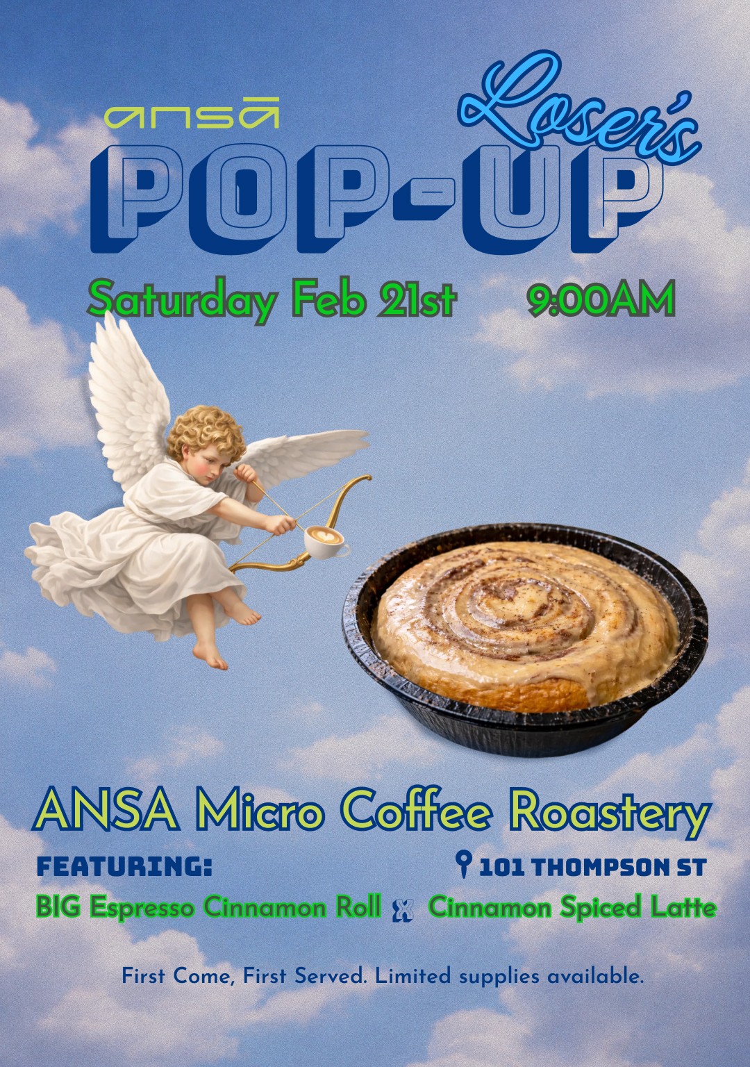 Flyer for a pop-up event featuring a cherub with a bow, a cinnamon roll, and event details in colorful text.