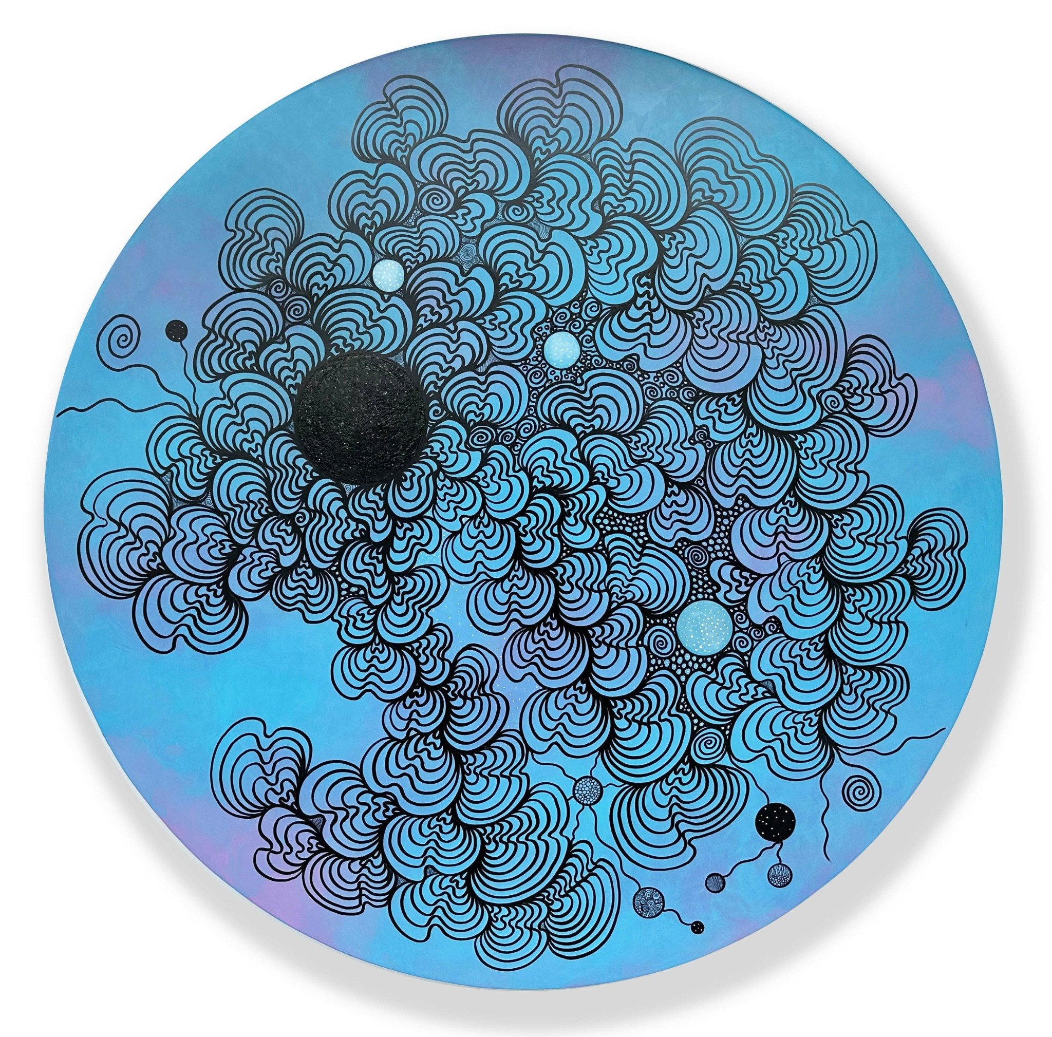 Abstract circular artwork with black and blue swirling lines and dots on a blue background.