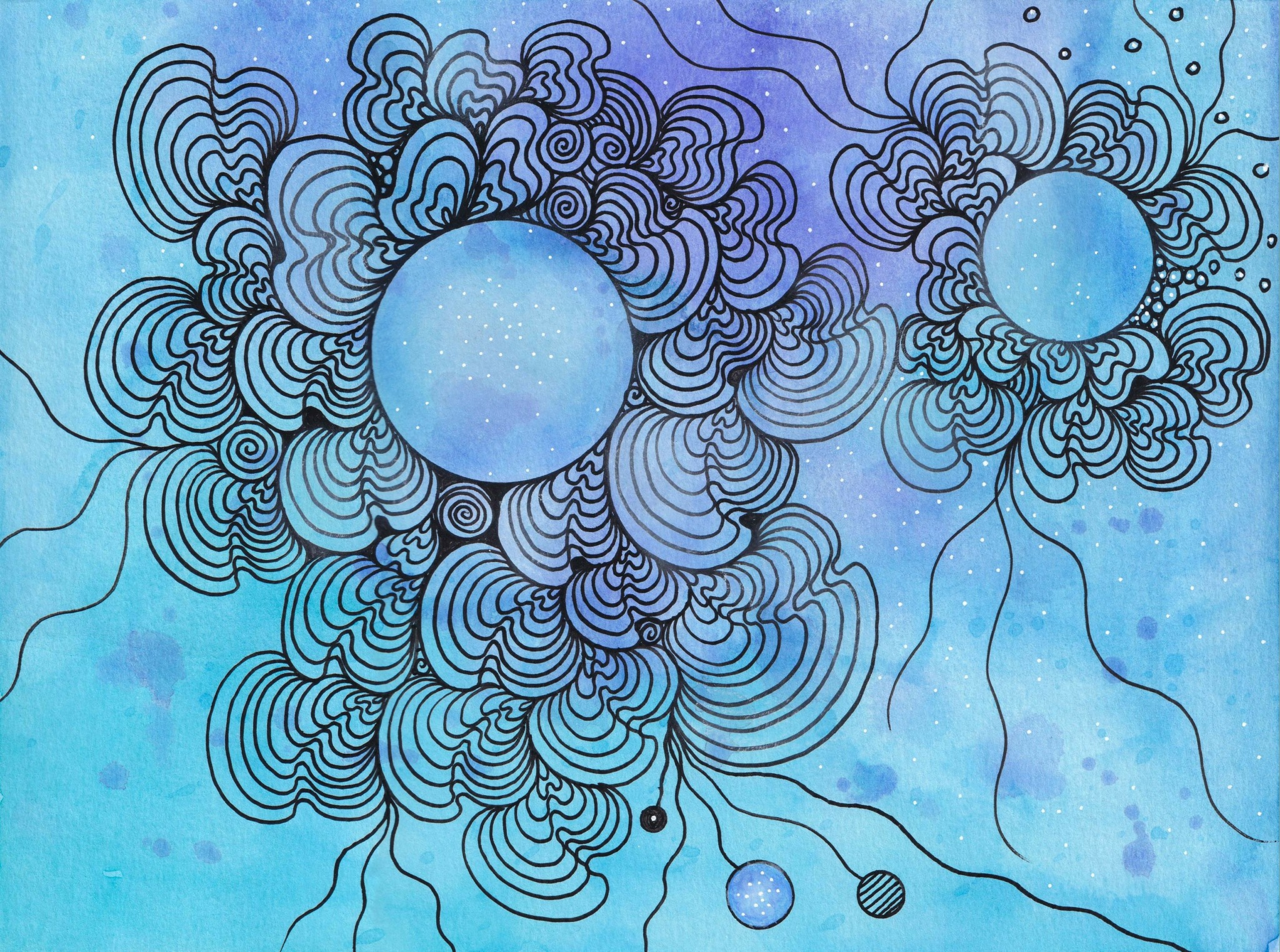 Abstract artwork with two large blue circles surrounded by intricate black line patterns on a blue background.