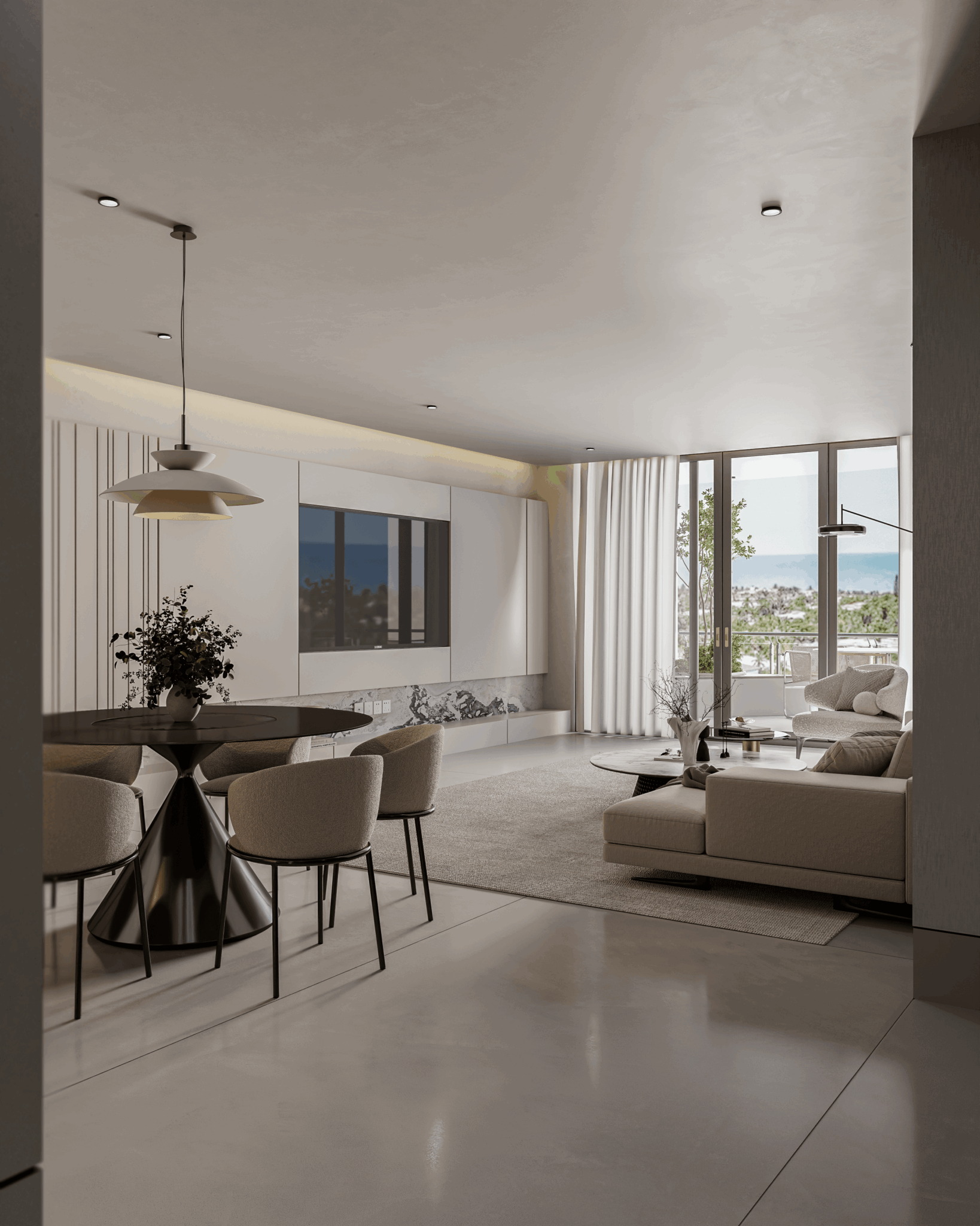 Living and dining area with large window, white walls, and modern furniture, including a dining table, chairs, and a sofa.