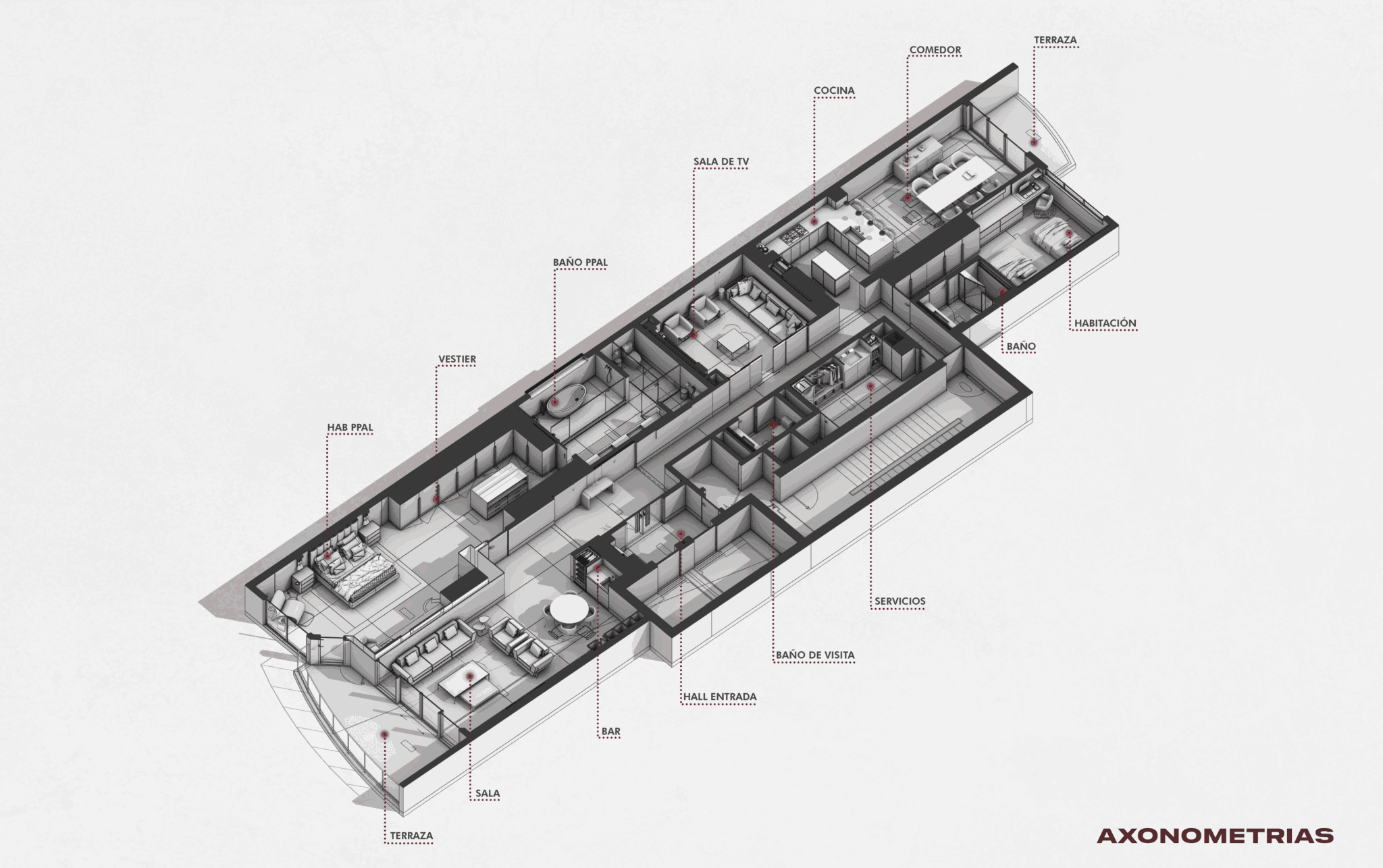 Detailed floor plan of a building with rooms, furniture, and labels, shown in black and white with a 3D perspective.