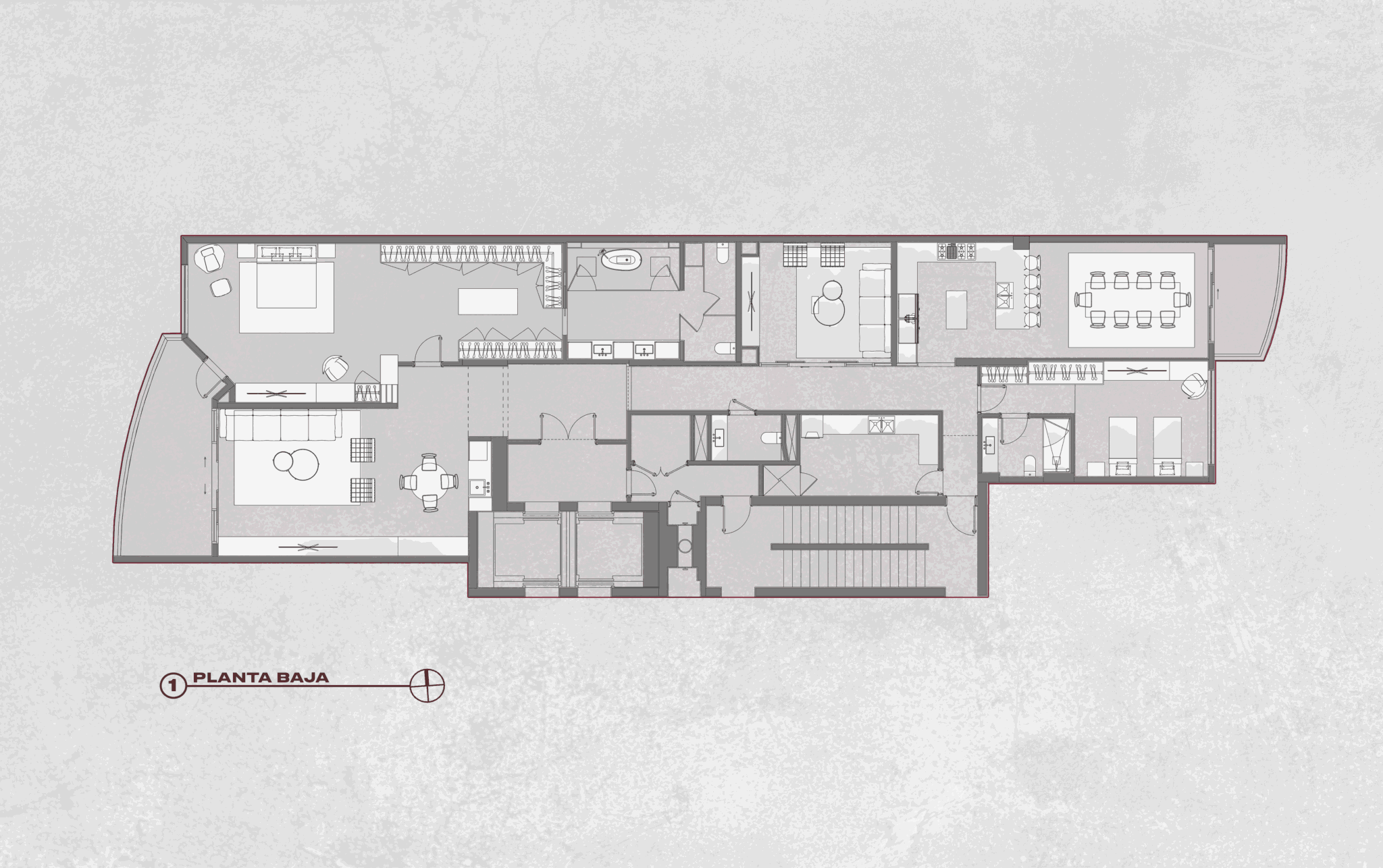 Floor plan of a building with multiple rooms, including bedrooms, bathrooms, and common areas, arranged in a linear layout.