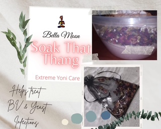 A brochure with text and images, including a bowl of bath salts and a black bag, with green leaves on the side.