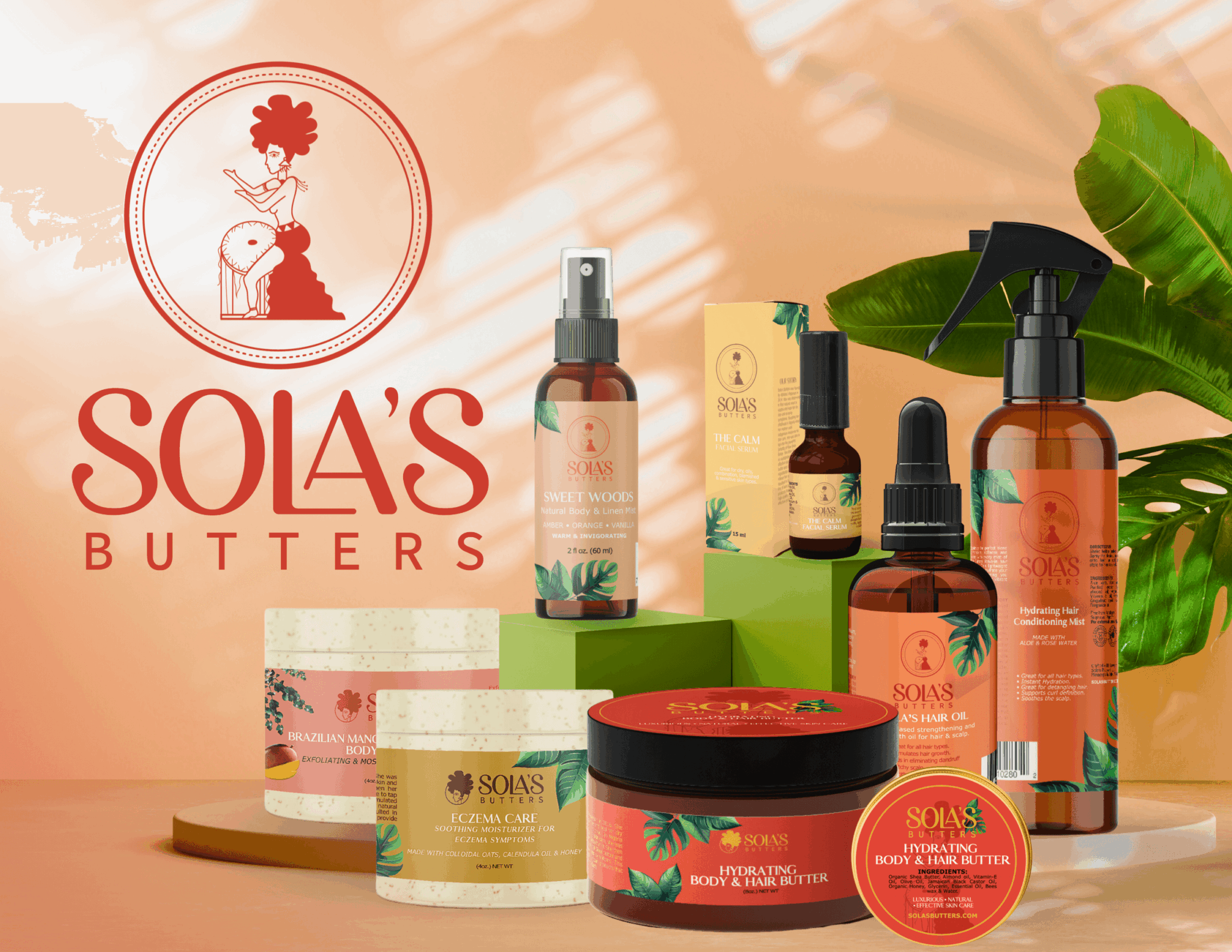Display of Solas Butters skincare products with green leaves and logo in background.