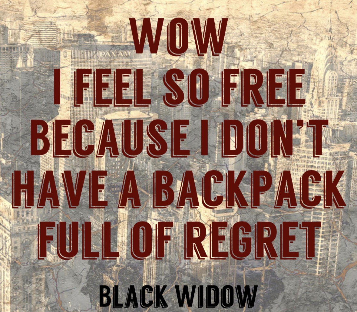 Text overlay on a textured background expressing feelings of freedom and regret with a signature at the bottom.