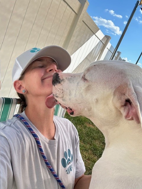 Girl with a cap and a dog touching noses outdoors, fence and blue sky in background.