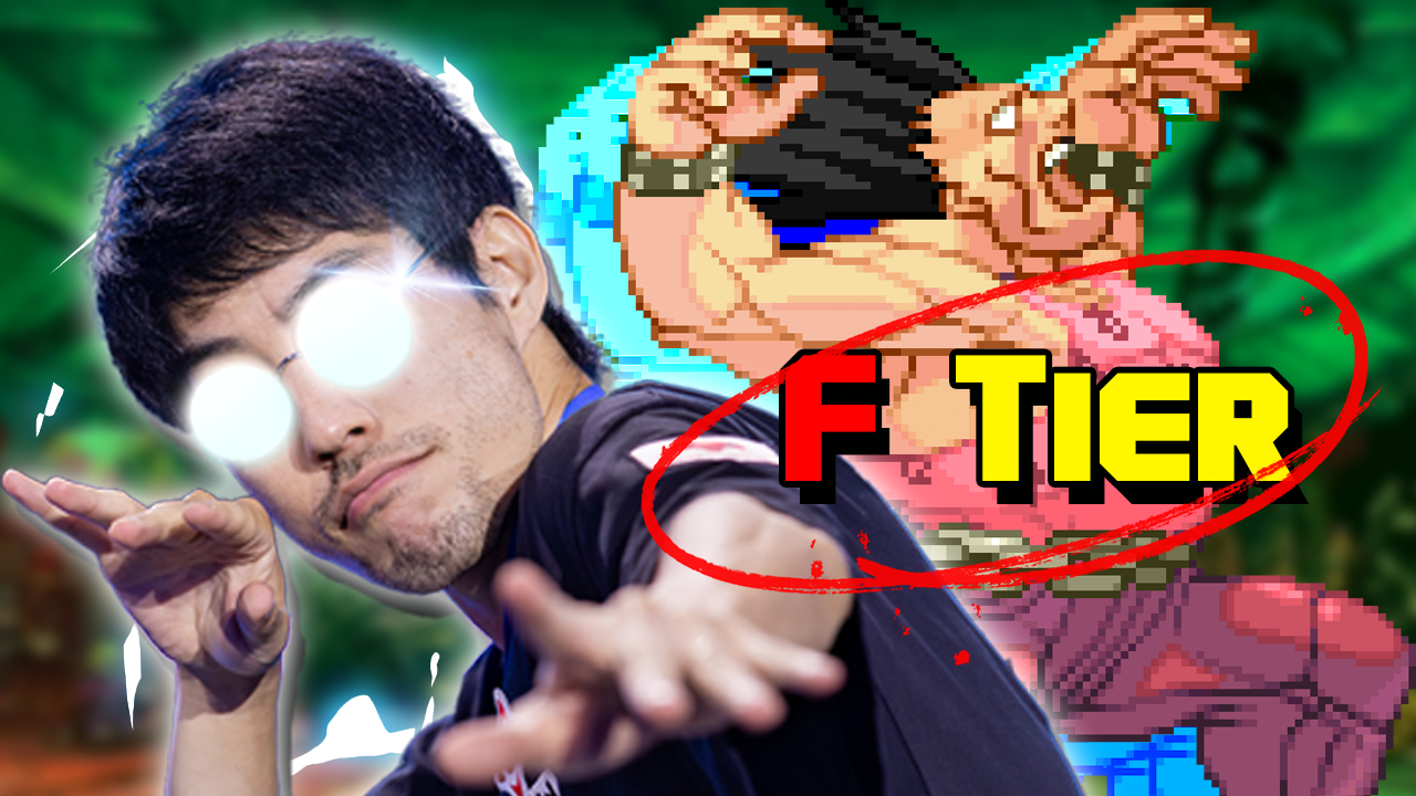 A person with glasses and dark hair poses with a pixelated character from a video game, with text 'F TIER' in the image.