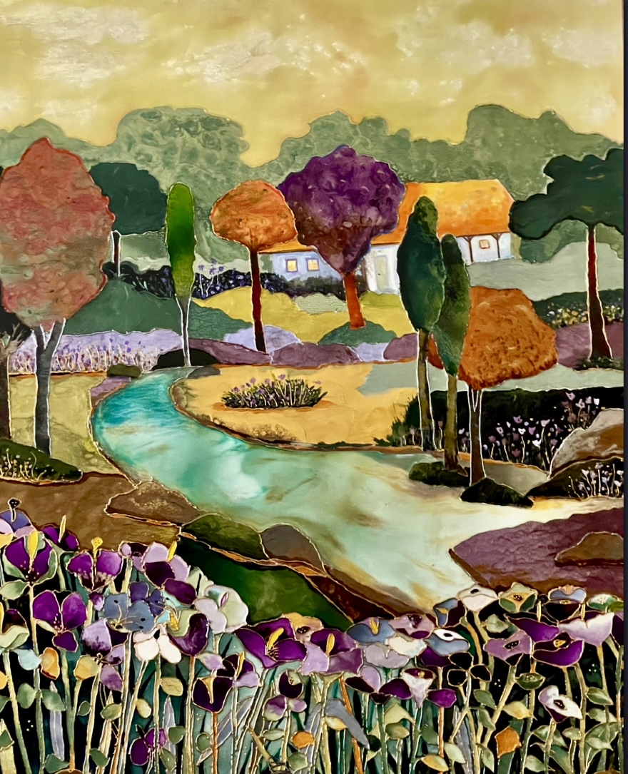 Colorful landscape with trees, a winding river, and houses in the background, with purple flowers in the foreground.