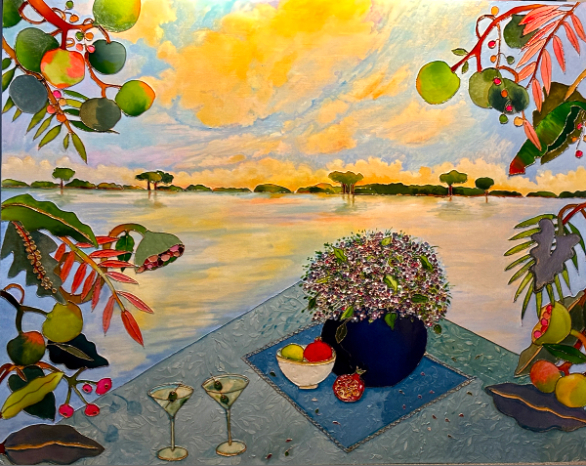 View of a lake with a dock, potted flowers, and fruit, framed by colorful branches and leaves, under a cloudy sky.